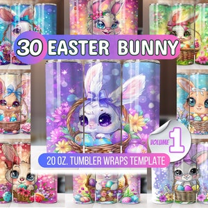 Emballages pour verres à sublimation lapin de Pâques | Gobelet fin 20 oz design sublimation | Téléchargement numérique | Emballage droit pour verre PNG, sublimation