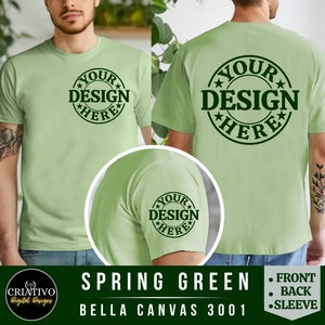 Bella Canvas 3001 lentegroen voorkant, achterkant en mouw weergave tshirt mockup | 3001 Heren t-shirtmodel | Mannelijke modelmock | Eenvoudig esthetisch