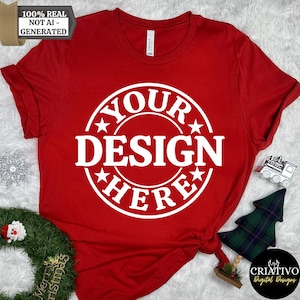 Płótno czerwone Bella Płótno 3001 Tshirt Boże Narodzenie Mockup Boże Narodzenie Mockup Koszula Bella Płótno Koszula Mockup Przytulny swobodny flanelowy Boże Narodzenie Wakacje
