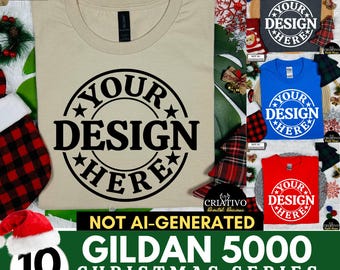 May include: A mockup bundle of 10 different colored Gildan 5000 t-shirts with a Christmas theme. The t-shirts are all blank and have the text "Your Design Here" printed on them. The text "Gildan 5000 Christmas Series Mockup Bundle Volume 2" is also printed on the image.
