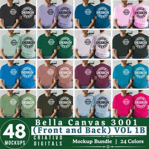 Bella Canvas 3001 voor- en achteraanzicht T-shirtmodelbundel | 3001 mock-up herent-shirt | Nepmodel van echt model | Eenvoudige esthetische gesplitste weergave