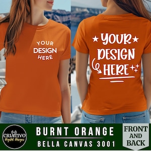 Bella Canvas 3001 T-shirtmodel | Verbrand oranje voor- en achteraanzicht tshirt mockup | Achteraanzicht | Voor- en achterkant modellen | Damesshirt Mock-up
