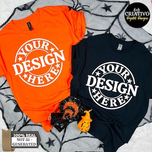 Casal Camiseta Gildan 5000 Mockup, G5000 Laranja e Preto Mockup, Ação de Graças, Trendy Outono Mockup, Popular Unissex Oversized Tee Shirt Mockup
