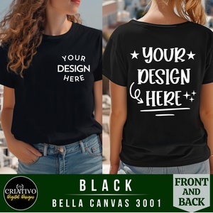 Bella Canvas 3001 T-shirtmodel | Zwart voor- en achteraanzicht tshirt mockup | Achteraanzicht | Voor- en achterkant modellen | Dames Mock-up | Echt model