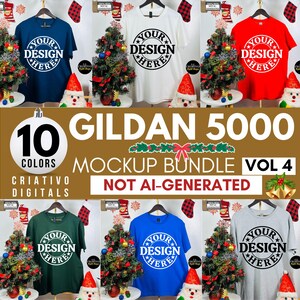 May include: Mockup bundle of 10 Gildan 5000 t-shirts in various colors. The t-shirts are displayed on mannequins with Christmas trees and decorations in the background. The text "YOUR DESIGN HERE" is printed on each t-shirt.