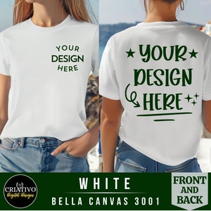 Mockup T-shirt Bella Canvas 3001 | Wit T-shirtmodel met voor- en achteraanzicht | Mockups voor- en achterkant | Mock-up overhemd dames |Wit Bella Canvas