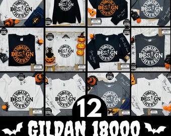 Paquete de maquetas de Halloween Gildan 18000, colección de Acción de Gracias con cuello redondo G18000, paquete de tienda de otoño de moda, maquetas de sudaderas unisex populares