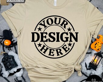 Mockup de camiseta de Halloween Natural Bella Canvas 3001 | Mockup de camiseta Natural BC 3001 | Modelo real | Mockup de camiseta de Halloween assustadora e divertida