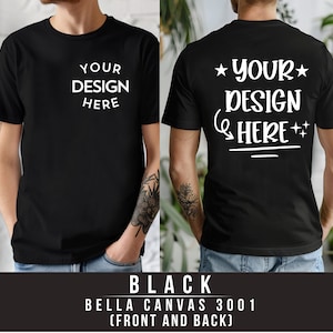 Bella Canvas 3001 Black Front and Back View Tshirt Mockup | 3001 Mens Tshirt Mock-up | Real Model Mock | Simple Aesthetic Split View