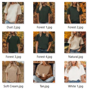 Op de afbeelding: Een verzameling van negen t-shirts in verschillende kleuren, waaronder wit, cr&egrave;me, bruin, bosgroen en stof. De shirts zijn allemaal met korte mouwen en hebben een ronde hals.