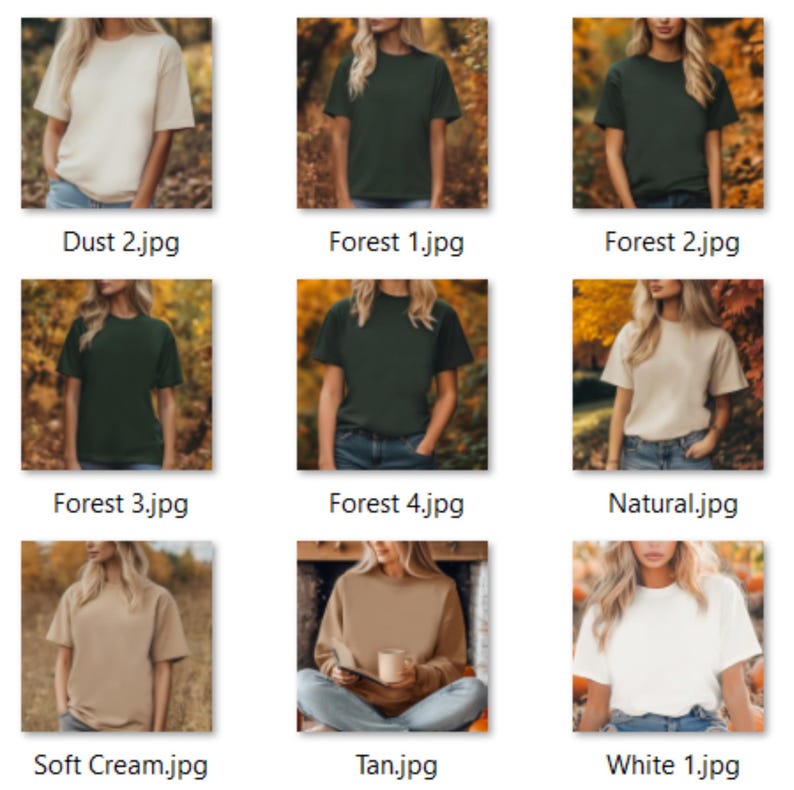 Op de afbeelding: Een verzameling van negen t-shirts in verschillende kleuren, waaronder wit, cr&egrave;me, bruin, bosgroen en stof. De shirts zijn allemaal met korte mouwen en hebben een ronde hals.