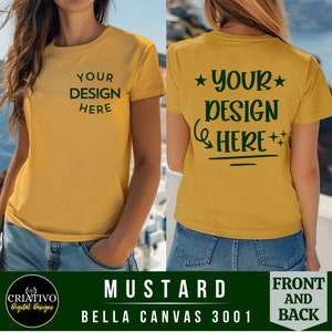 Mockup T-shirt Bella Canvas 3001 | Mosterd-t-shirtmodel voor- en achteraanzicht | Mockups voor- en achterkant | Mock-up overhemd dames | Mosterd Bella