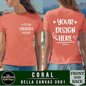 Bella Canvas 3001 T-shirtmodel | Koraal voor- en achteraanzicht tshirt mockup | Achteraanzicht | Voor- en achterkant modellen | Damesshirt Mock-up