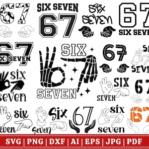 Sex sju 67 PNG SVG-klippfil, rolig viral meme 67 Svg för Cricut Silhouette, Gen Alpha trendig utskrivbar Png för skjortor, muggar, hantverk