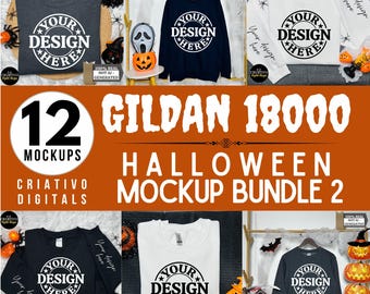 Paquete de maquetas de Halloween Gildan 18000, colección de Acción de Gracias con cuello redondo G18000, paquete de tienda de otoño de moda, maquetas de sudaderas unisex populares