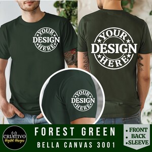 Bella Canvas 3001 bosgroen T-shirtmodel met uitzicht op voorkant, achterkant en mouw | 3001 mock-up herent-shirt | Model herenmodel | Eenvoudige esthetiek