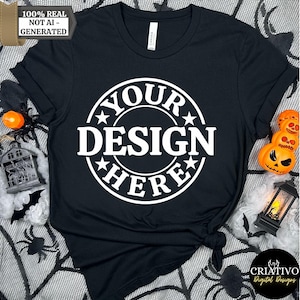 Vintage Black Bella Canvas 3001 Tshirt Halloween Mockup | Czarny BC 3001 T-shirt Mockup | Prawdziwy model | Zabawna, modna, upiorna koszulka na Halloween