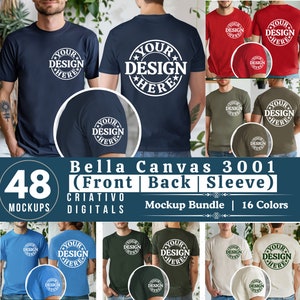 Bella Canvas 3001 Vista anteriore e posteriore con pacchetto di mockup di magliette sulla manica / Mock-up di magliette da uomo 3001 / Mock di modello reale / Divisione estetica semplice