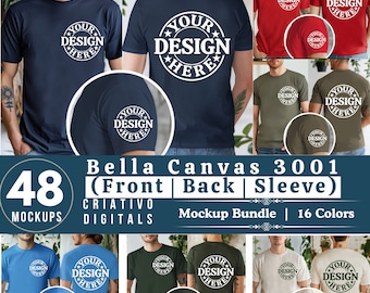 Bella Canvas 3001 voor- en achteraanzicht met mouw T-shirtmodelbundel | 3001 mock-up herent-shirt | Nepmodel van echt model | Eenvoudige esthetische split
