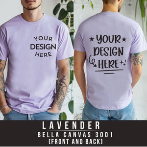 Maquette de t-shirt Bella Canvas 3001 lavande vue de face et de dos | 3001 Maquette de t-shirt pour homme | Maquette de modèle réel | Split View esthétique simple