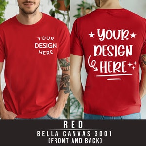 Bella Canvas 3001 rood voor- en achteraanzicht tshirt mockup | 3001 Heren T-shirt Mock-up | Echt modelmodel | Eenvoudige esthetische gesplitste weergave