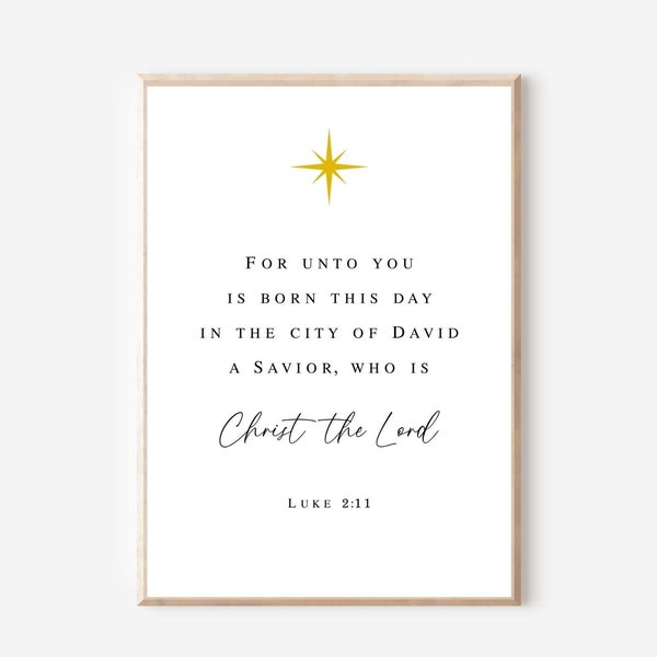Luke 2:11 Christmas Bible Verse Wall Art Printable, Holiday Scripture Print, Christian Christmas Decor, Christmas Quote Art, Bethlehem Star