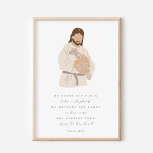 Isaiah 40:11 He Tends His Flock Like A Shepherd, Bible Verse Printable Wall Art, Minimal Christian Home Decor, Boho Nursery Christian Print