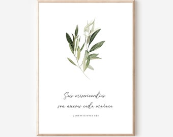 Könnte beinhalten: Ein druckbarer Kunstdruck mit einer Aquarell-Illustration von Olivenzweigen und dem Text "Sus misericordias son nuevas cada mañana" mit dem Schriftzitat "LAMENTATIONEN 3:23".