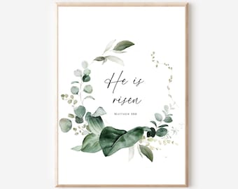 Matthew 28:6 He is Risen Easter Printable Wall Art, Christian Easter Decor, Religious Easter Print, Bible Verse Poster