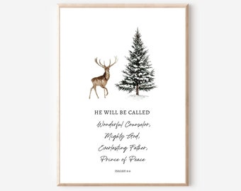 Isaiah 9:6 He Will Be Called Wonderful Counselor, Christmas Bible Verse Printable, Watercolor Christmas Prints, Christian Christmas Decor