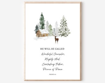 Isaiah 9:6 He Will Be Called Wonderful Counselor, Christmas Bible Verse Printable, Watercolor Christmas Prints, Christian Christmas Decor