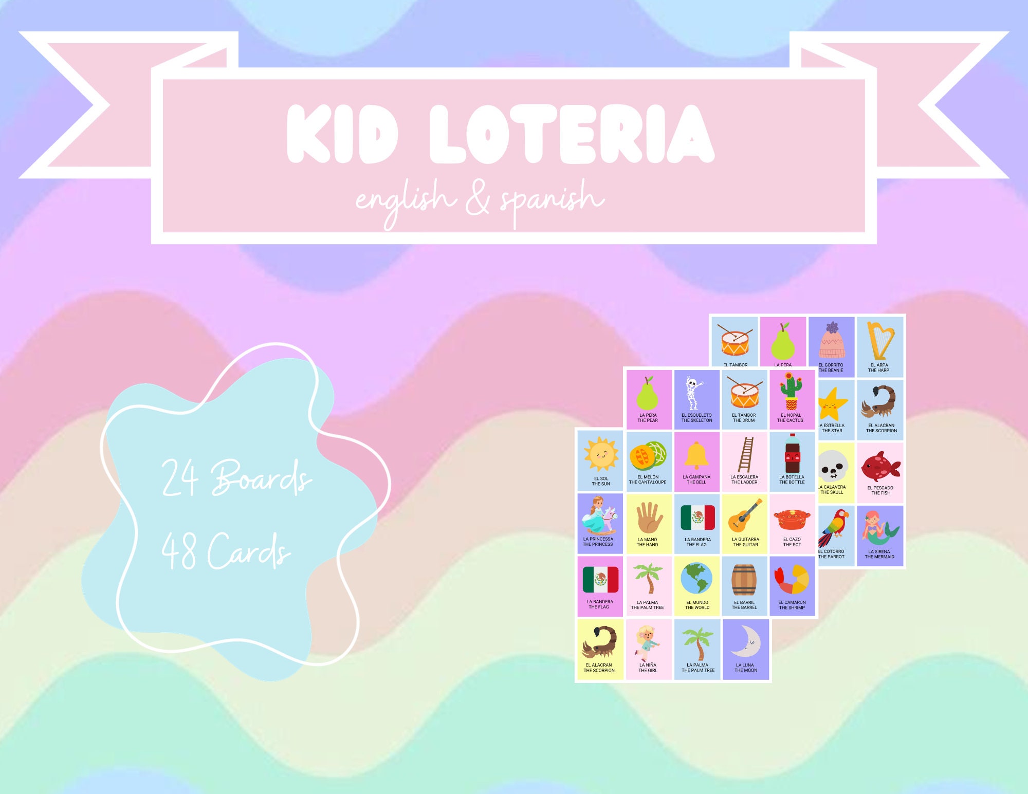 Kid-friendly Loteria Spanish & English 24 Boards 48 Cards Digital Print ...