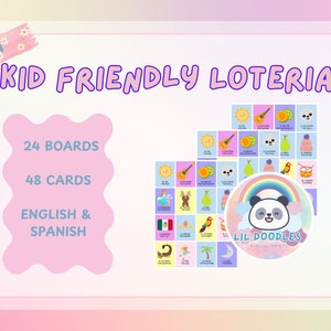Lotería para niños - Español e inglés - 24 tableros - 48 cartas - Impresión digital