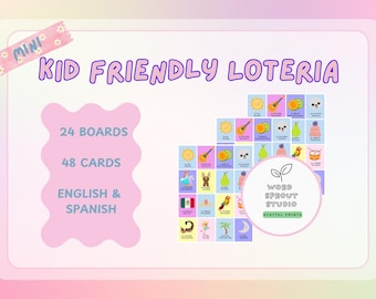 Barnvänligt lotteri - Spanska och engelska - 24 spelplaner - 48 kort - Digitaltryck | Tvåspråkig bingo | Barnbingo | Loteria Para Ninos |