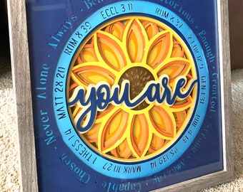 3D Handmade Sunflower Shadow box BIBLICAL affirmations "You Are" as God sees you Christian based; Gift for Mother’s Day Present Teacher Gift