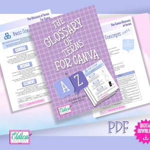 Puede incluir: Una descarga digital de color morado y rosa para un glosario de términos para Canva. La portada presenta un patrón de cuadrícula y el texto "The Glossary of Terms for Canva" en un bocadillo de diálogo blanco. El texto "An A-Z of commonly used Canva terms!" también está incluido.
