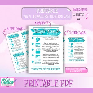 Afdrukbare onderhoudskaart voor vinylstickers, bestelkaart voor stickertoepassing, verpakkingslabel voor doe-het-zelfstickers, verzorgingskaarten voor vinylstickers