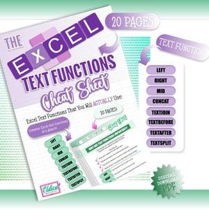 May include: A digital PDF cheat sheet for Excel text functions. The title reads "The Excel Text Functions Cheat Sheet" in purple and white. The sheet includes a list of functions like LEFT, RIGHT, and MID. It is 20 pages long.