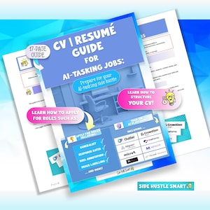 May include: A 17-page CV and resume guide for AI-tasking jobs with a blue and white colour scheme. The document features text detailing how to structure a CV, apply for roles like generalist, response rater, data annotation, and image labelling.