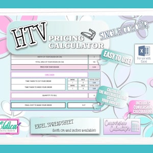 Puede incluir: Una hoja de cálculo de calculadora de precios HTV para Excel con fondo azul claro y motivos florales. La interfaz incluye campos para el ancho del diseño, área, precio, tiempo de corte y pelado, cantidad a vender y cálculo del coste final.