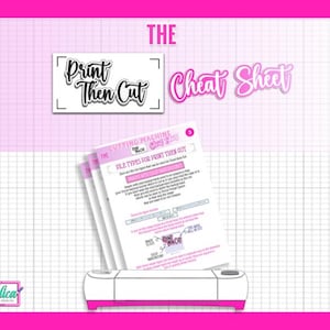 Peut inclure: Une fiche aide-mémoire numérique intitulée The Print Then Cut Cheat Sheet présentant du texte explicatif et des schémas pour machines de découpe. Le document inclut des sections sur les types de fichiers et les réglages sur fond quadrillé.