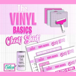 Pode incluir: Uma folha de dicas digital intitulada The Vinyl Basics com texto em rosa e branco, um gráfico de três bases de corte, um rodo rosa e um rolo de vinil. O documento inclui seções rotuladas como The Cricut, Quick Guide to Cutting Vinyl.