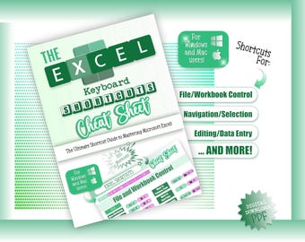 May include: A digital cheat sheet for Microsoft Excel keyboard shortcuts with a green and white color scheme. The text reads The Excel Keyboard Shortcuts Cheat Sheet, For Windows and Mac users, File/Workbook Control, Navigation/Selection, Editing/Data Entry, and ...AND MORE! A digital download PDF badge is visible.