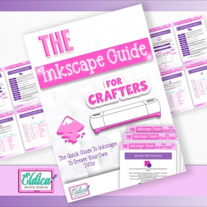 Puede incluir: Una guía digital rosa y blanca titulada "The Inkscape Guide for Crafters" con una ilustración rosa y blanca de una salpicadura de pintura y una silueta de una máquina de corte. La guía incluye instrucciones sobre cómo crear SVG utilizando Inkscape.
