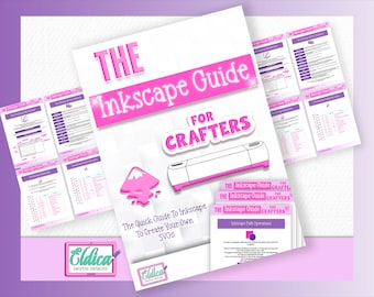 May include: A pink and white digital guide titled "The Inkscape Guide for Crafters" with a pink and white illustration of a paint splatter and a silhouette of a cutting machine. The guide includes instructions on how to create SVGs using Inkscape.