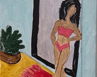 Chic Boudoir Original Aquarell Leinwand Gemälde, (5x7)