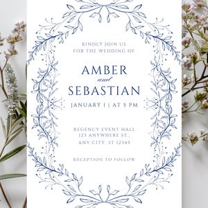 Editable Elegant Wedding Invitation Set Template, Canva, Blue Vine Wedding Invite, Printable 5x7 Invite + RSVP + Details Card