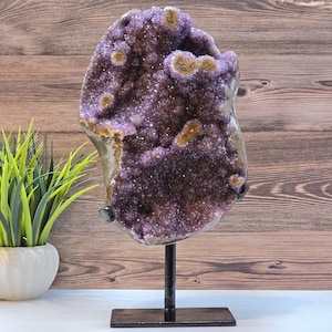 Large Amethyst Geode: Sugar Druzy Crystal with Stalactite Eyes on Stand