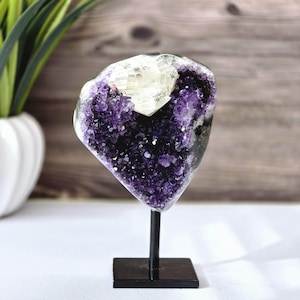 Amethyst with Calcite Formation – Small Crystal on Metal Stand