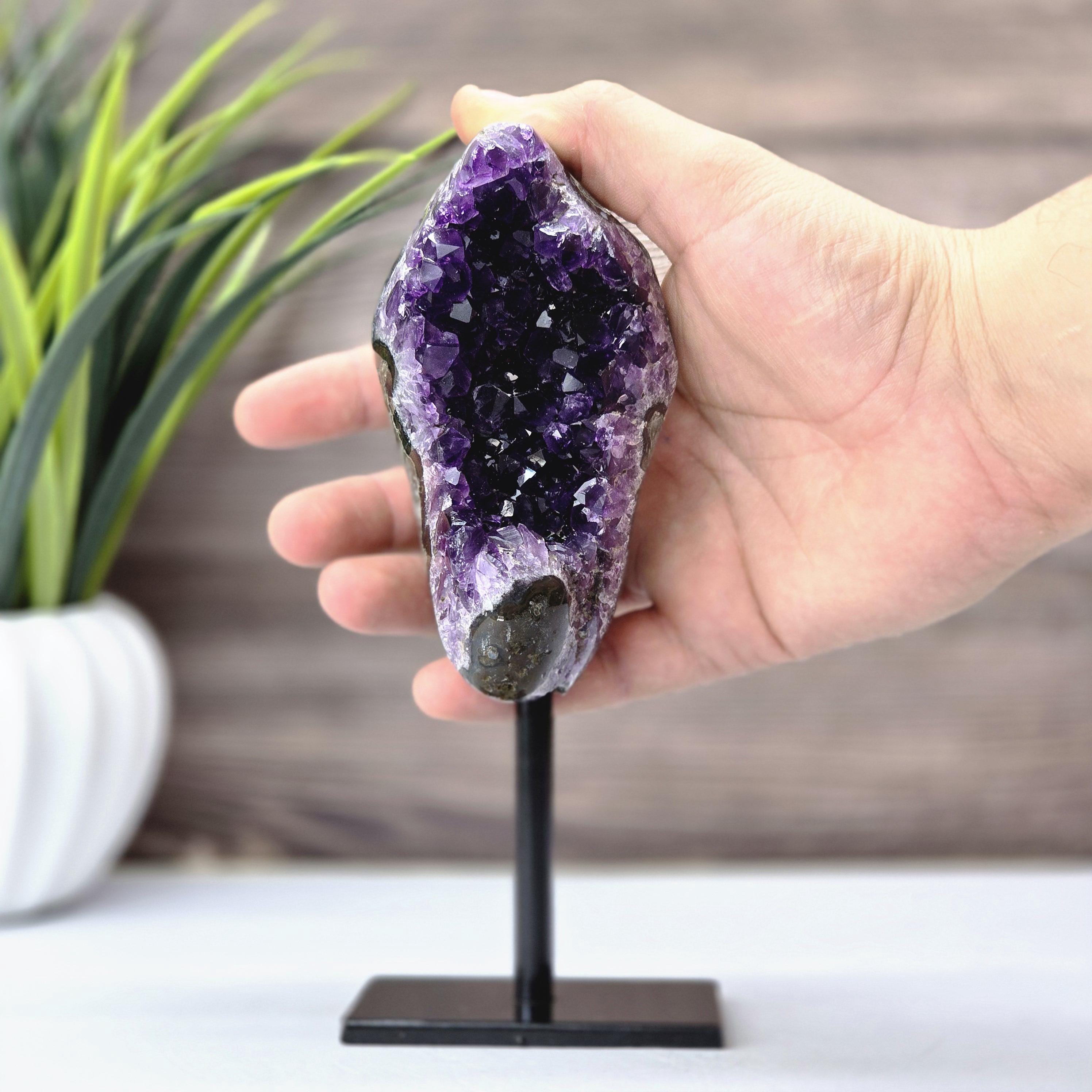 Tall Amethyst Geode on Metal Stand – Elegant Purple Crystal Desk
